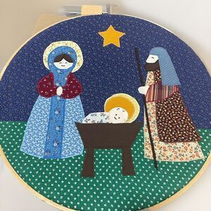Christmas Nativity Quilt Block VTG Wall Hanging 12" Embroidery Hoop Handmade